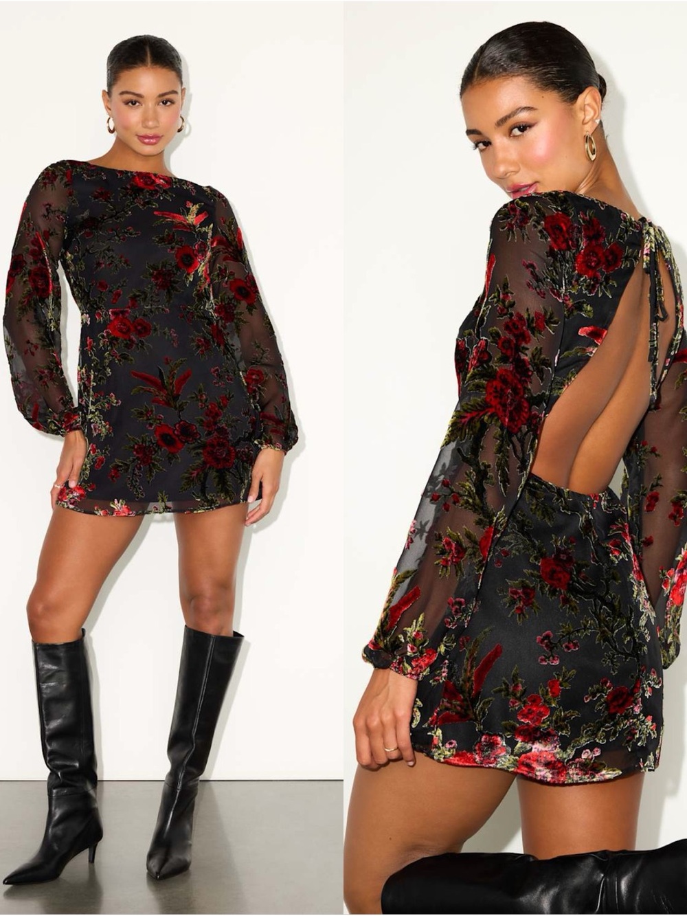 LULU’S Marwella Black Burnout Velvet Backless Long Sleeve Mini Dress
